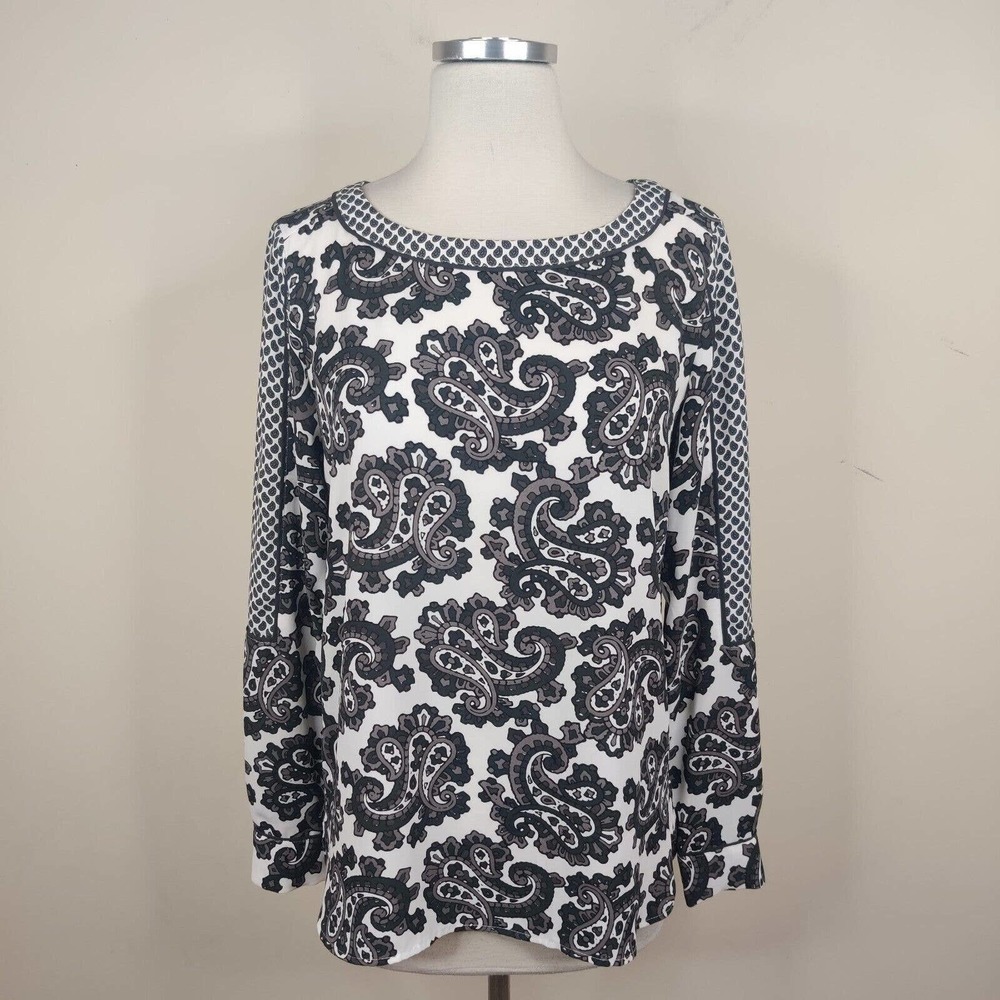 Ann Taylor Loft Blouse Floral Black Gray White Long Sleeve